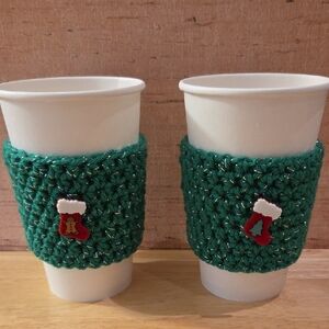 Handmade Green Crochet Cup Sleeves with Holiday Charms
